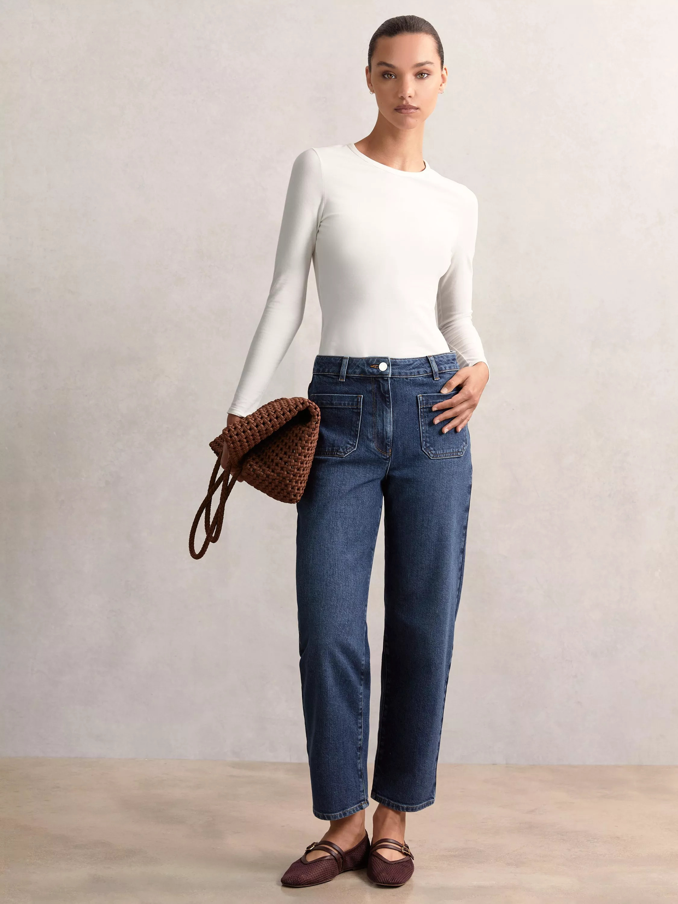 Reiss Marcie Patch Pocket Straight Jeans, Mid Blue | John Lewis (UK)