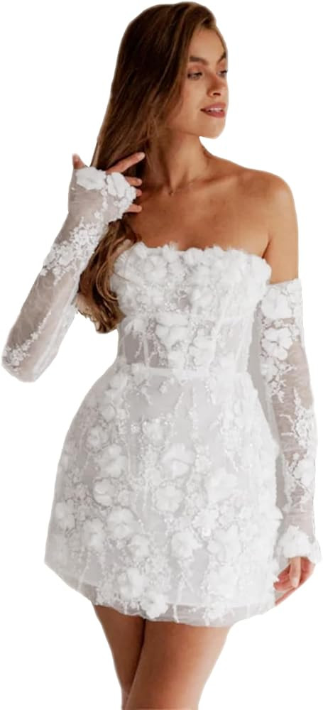 Women's Short Tight Wedding Dresses for Bride Floral Lace Applique Long Sleeve Beach Bridal Prom ... | Amazon (US)