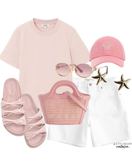 Pale pink clean cut T-shirt, high rise loose denim shorts, pink tennis core baseball cap, Marni bag, pink sandals & starfish earrings.
Pink outfit, casual everyday outfit, summer outfit, holiday outfit, vacation style, high street.

#LTKuk #LTKstyletip #LTKsummer