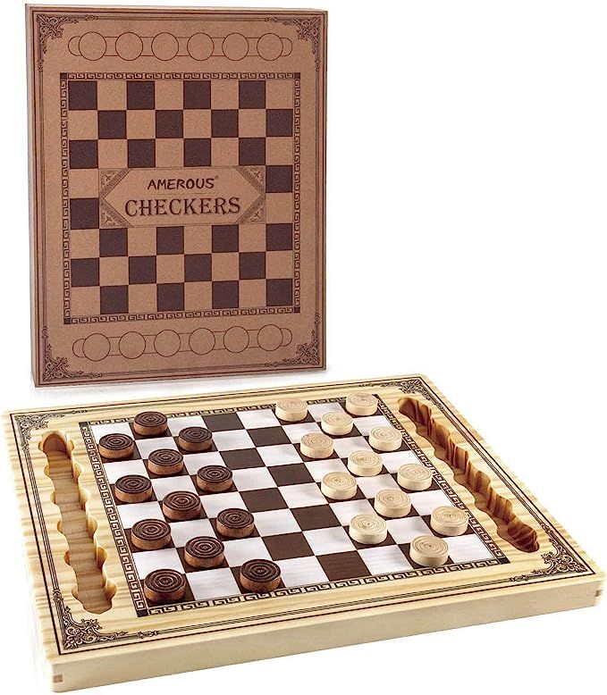 AMEROUS Wooden Checkers Set, Checkers Board Game with Storage Grooves - 24 Checkers Pieces - Gift... | Amazon (US)