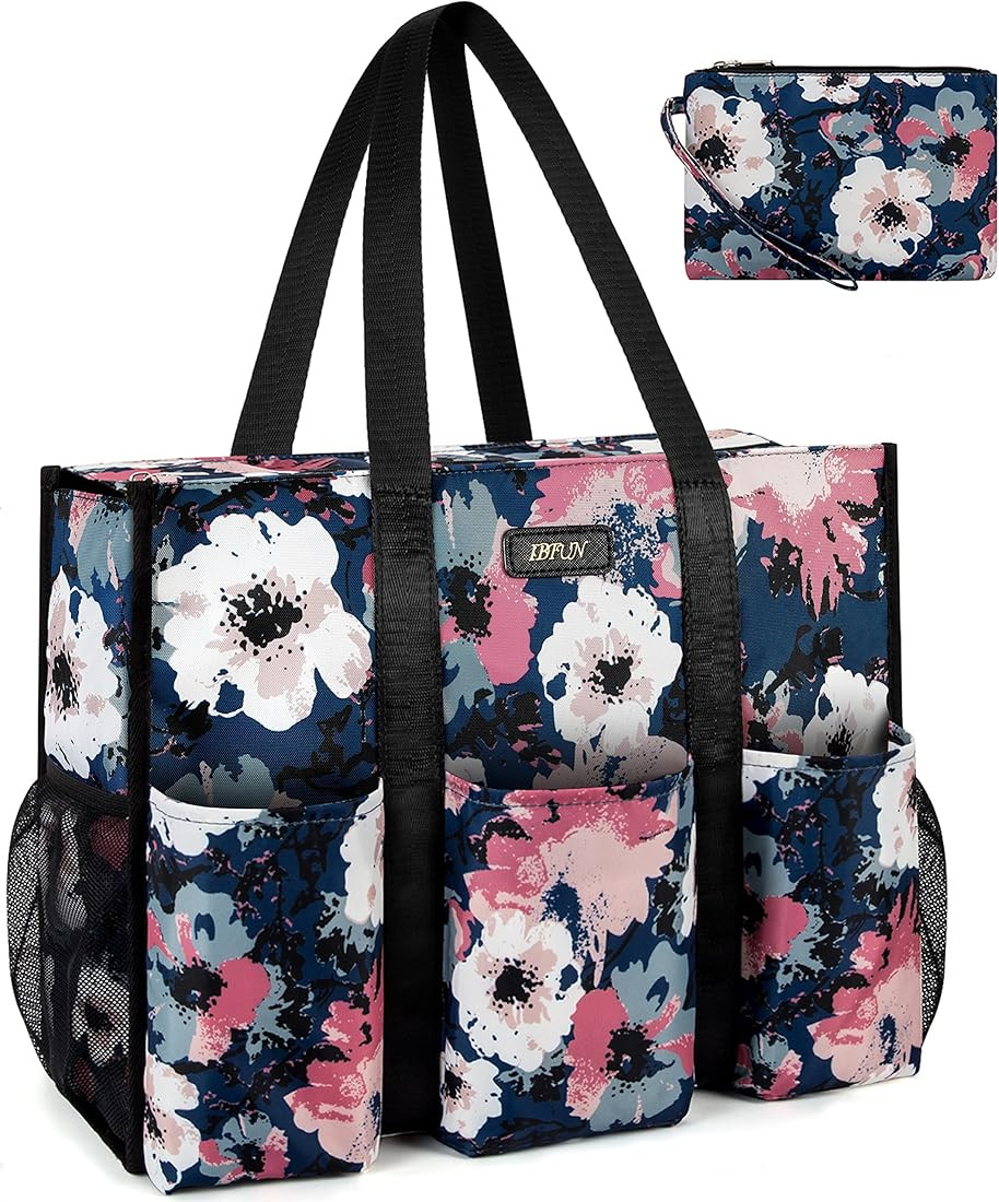 IBFUN Utility Tote Bag with 14/24 Pockets Zip Top Teacher Tote Bag for Teacher/Work Women | Amazon (US)