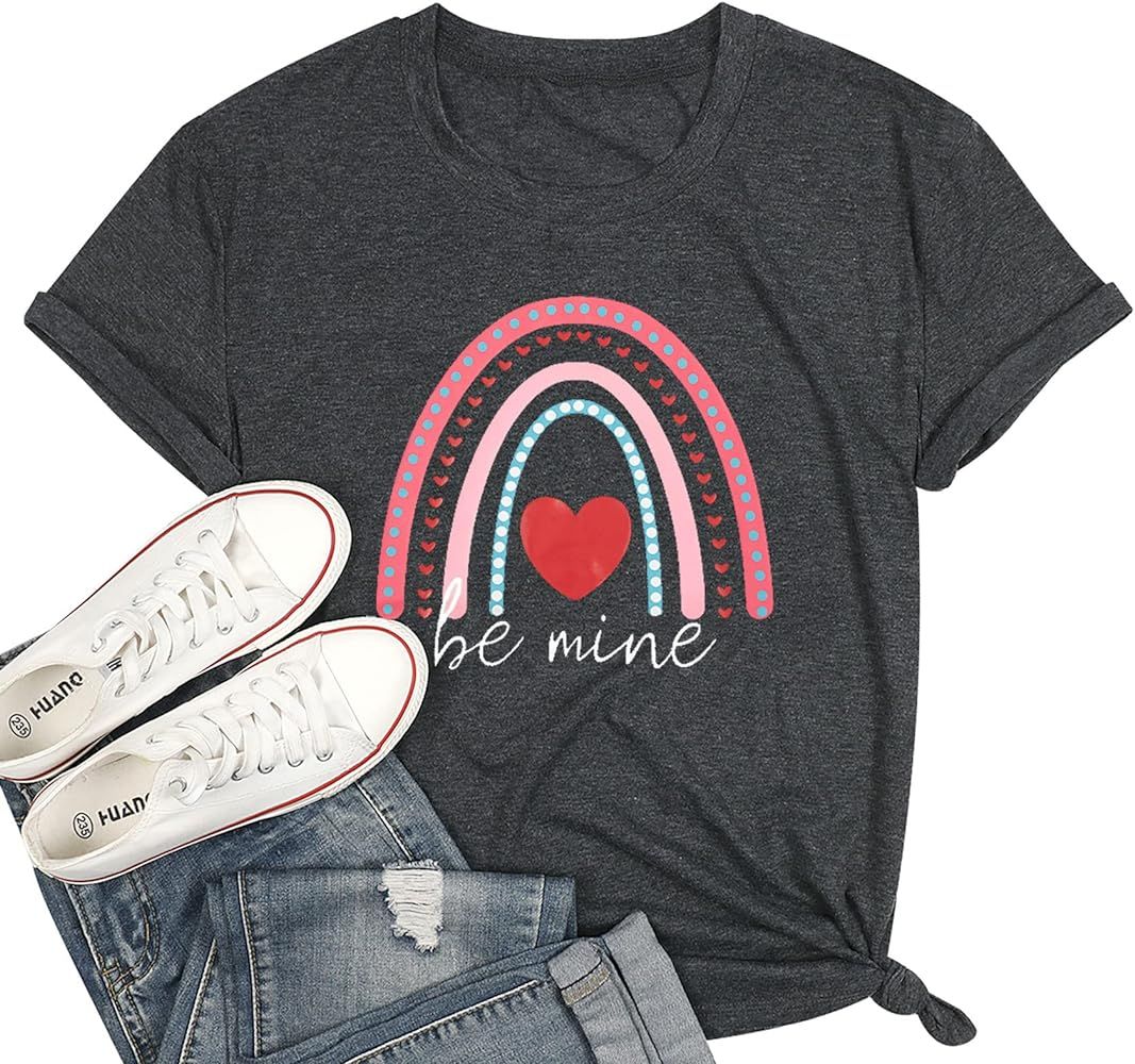 ALLTB Be Mine Valentines Day T Shirts Womens Rainbow Heart Graphic Shirt Short Sleeve Casual Vale... | Amazon (US)