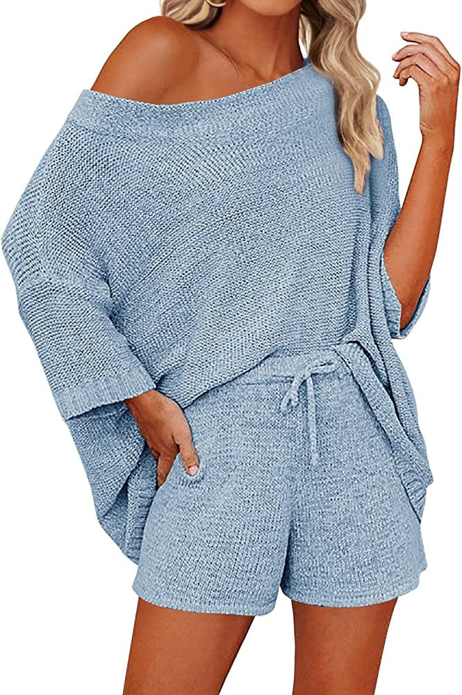 Mafulus Women's 2 Piece Outfits Sweater Sets Off Shoulder Knit Top Shorts Matching Suits Cute Paj... | Amazon (US)