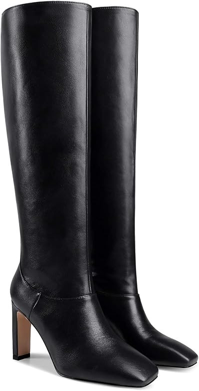 LEHOOR Women Knee High Chunky Heel Boots Matte Leather Square Closed Toe Slip On High Heeled Dres... | Amazon (US)