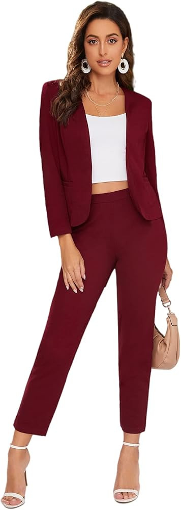 SheIn Women's 2 Piece Outfits Open Front Solid Blazer Work Office Pants Suit Set | Amazon (US)