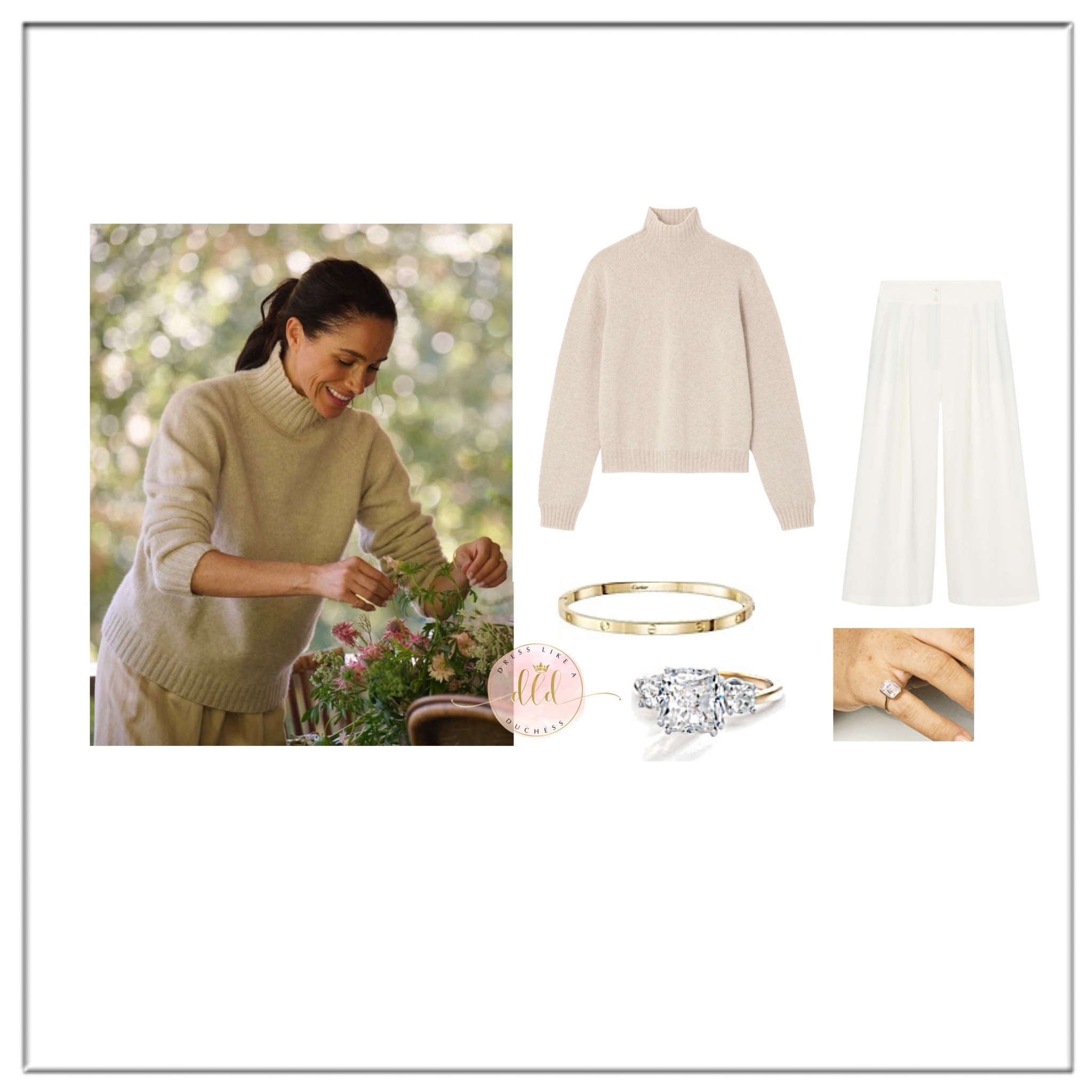 1/7/26 Meghan Markle in a new As Ever post arranging flowers 💐 on Instagram. The duchess is wearing The Row 'Kensington' sweater in taupe (no longer available). She recently wore this knit in another As Ever post a few weeks ago. Currently, the sweater is available in grey and black. Meghan is also believed to be wearing her Zara linen trousers. 