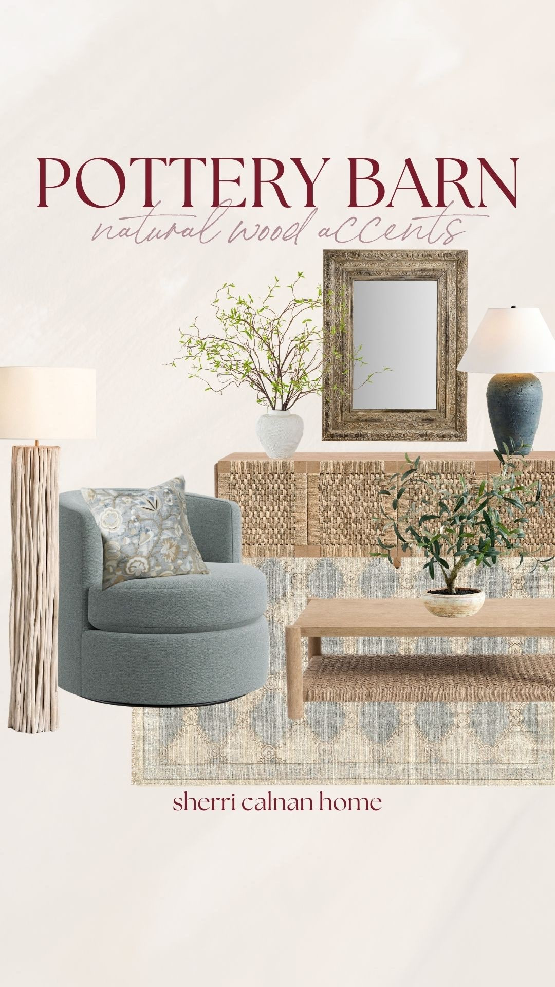 Pottery Barn natural wood accents featuring woven cabinet doors, carved wood mirror frames, textured area rugs, ceramic table lamps, and neutral upholstered accent chairs. These warm wood tones bring timeless texture and relaxed elegance to a living space.

Pottery Barn living room decor, natural wood furniture, woven cabinet doors, carved wood mirror frame, neutral area rug decor, ceramic table lamp styling, upholstered accent chair, warm wood home decor, classic home styling ideas, sherricalnanhome

#LTKHome