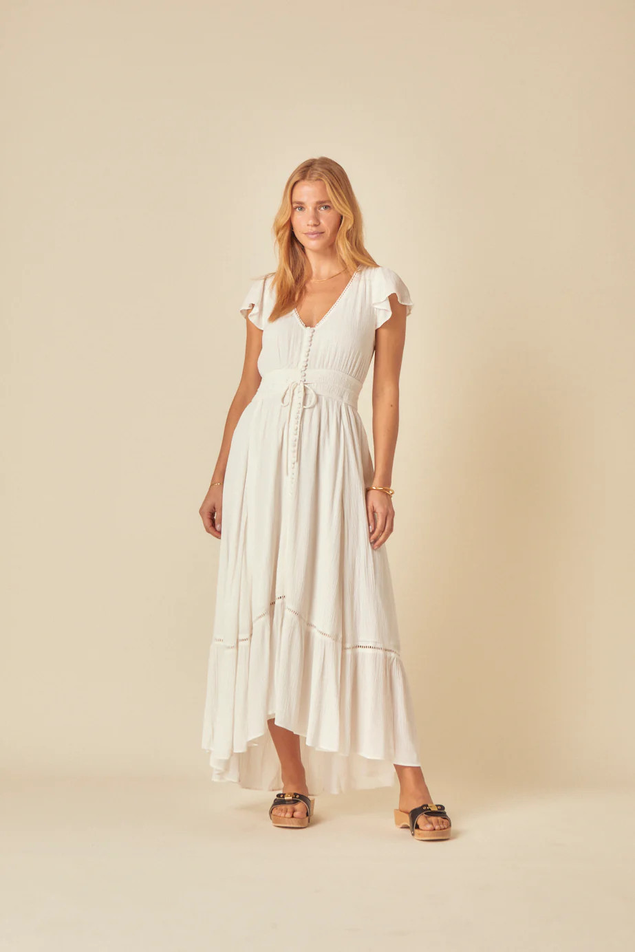 White V-neck Frill Veda Midi Dress | Nobody's Child