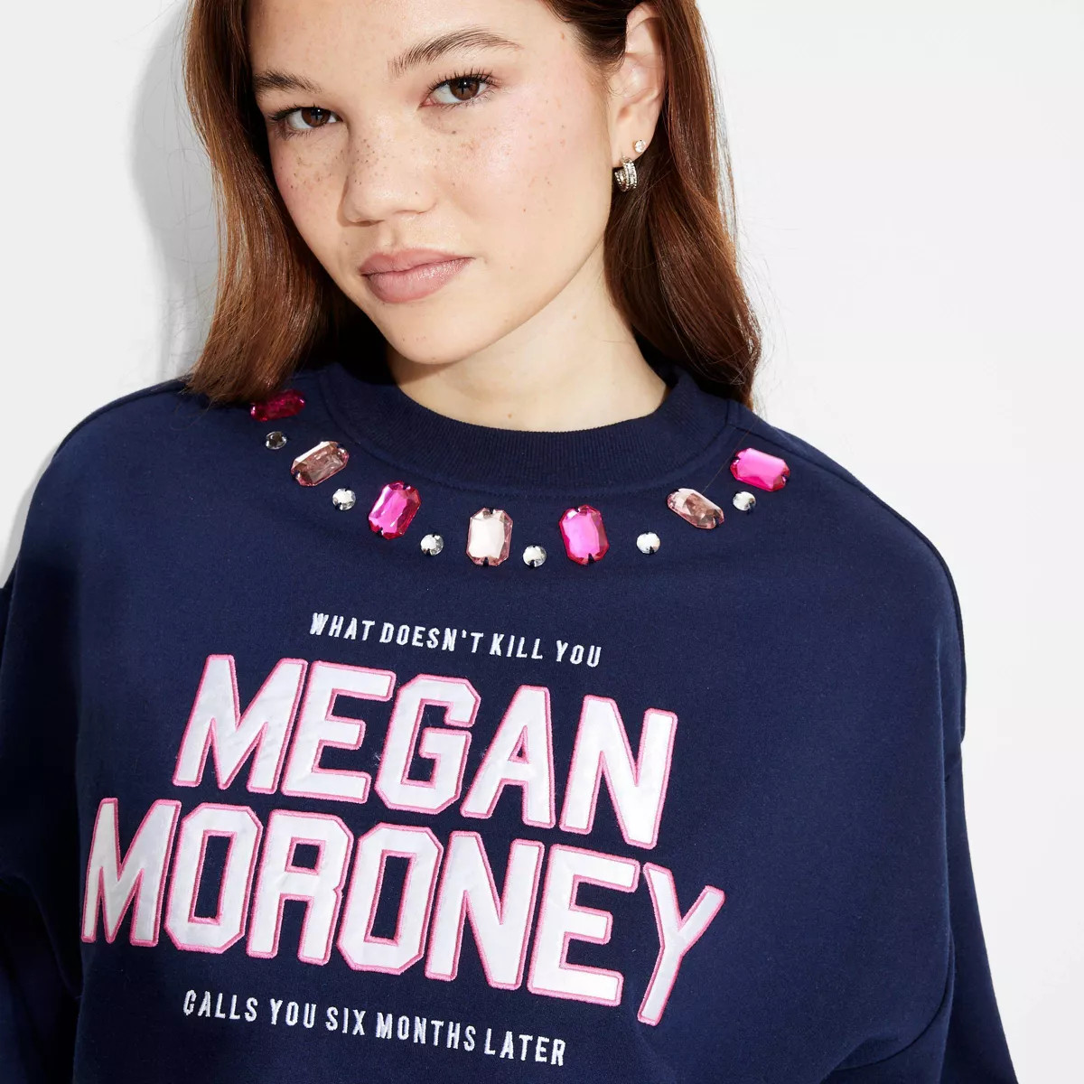 Women's Megan Moroney Jeweled Fleece Graphic Pullover Sweatshirt - Navy Blue M | Target