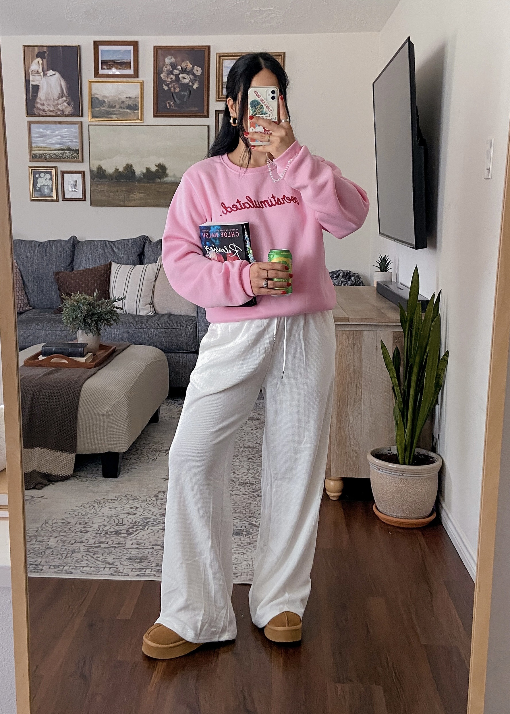drink, outfit, & book of the day 🥤👚📖💗 wearing the sweater & sweatpants in a size large for a baggy and oversized fit. 

🏷️: amazon fashion, amazon finds, amazon style, loungewear, comfy clothes, 

#LTKHome #LTKSeasonal #LTKSummerEdit