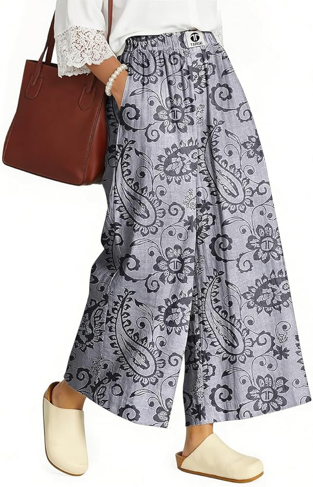 TARSE Womens Wide Leg Linen Capri Pants Casual Loose Culottes Elastic Waist Palazzo Pants with Po... | Amazon (US)