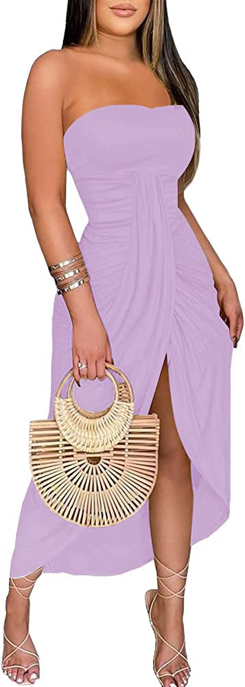 Umenlele Women's Strapless Ruched High Waist Wrap Split Asymmetrical Beach Maxi Long Dress | Amazon (US)