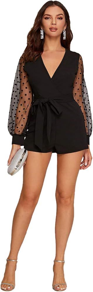 SheIn Women's Notch Collar Mesh Sleeve Button Wrap Trim Jumpsuit Short Wide Leg Romper | Amazon (US)
