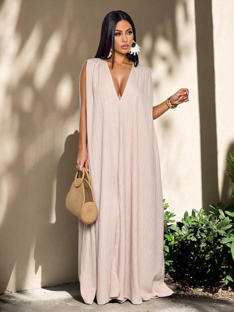 SOLERSUN Women's Boho Fashionable Deep V Neck Tangerine Textured Deep V Backless Maxi Dress,Ideal For Tropical Vacations, Resort Parties & Summer Outdoor Photoshoots Maxi Dress,Soft Breathable Fabric For Resort Getaways & Summer Evening Events | SHEIN