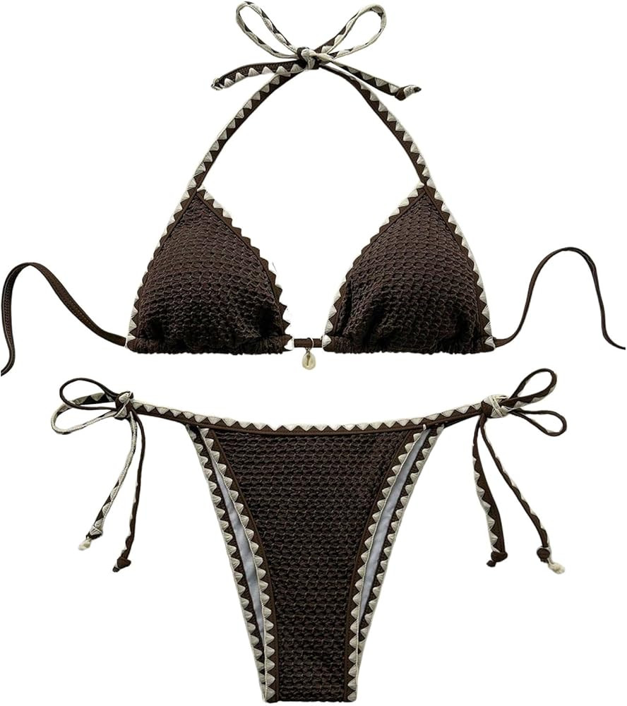 SOLY HUX Women's Halter Tie Side Bikini Set High Cut Triangle Textured Swimsuit 2 Piece Bathing S... | Amazon (US)