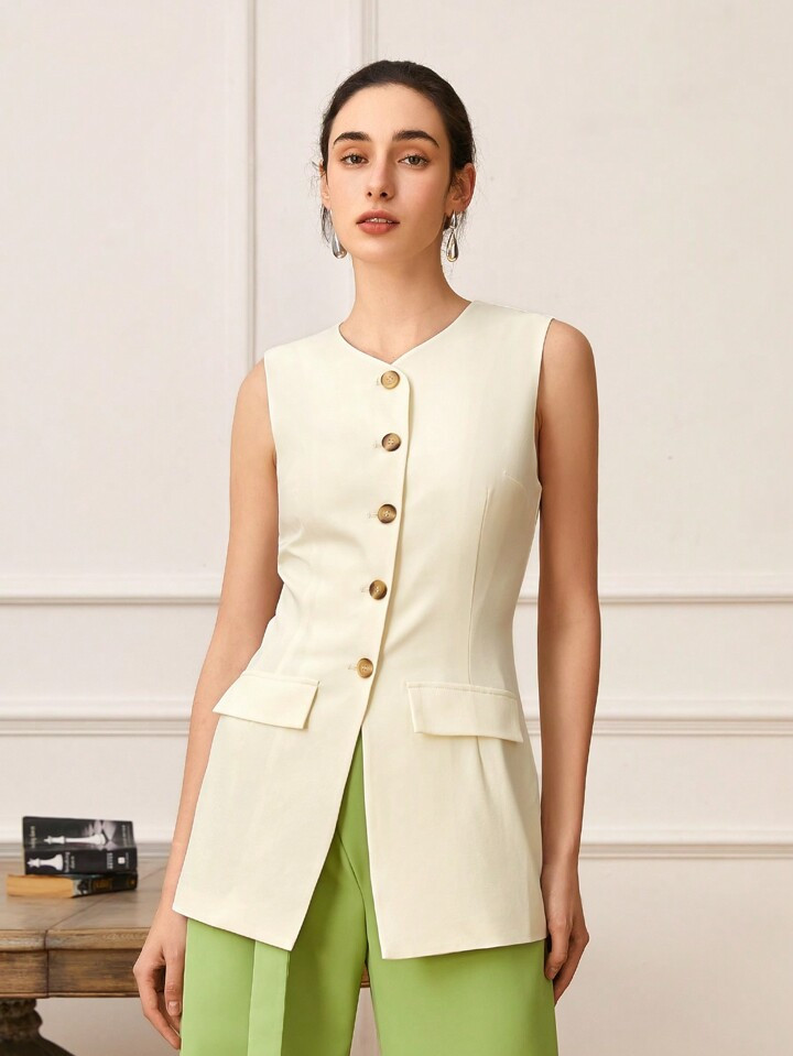 Summer Solid Color V-Neck Button Front Casual Sleeveless Shirt | SHEIN