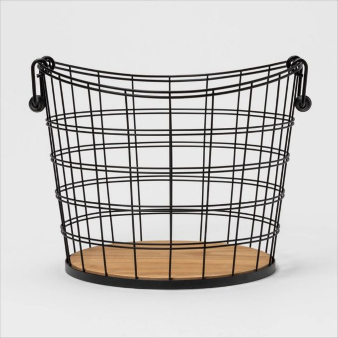 Click for more info about Metal Wire Round Basket with Solid Wood Base and Coiled Handle Black and Natural - Threshold™