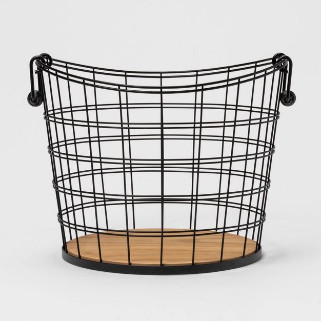 Metal Wire Round Basket with Solid Wood Base and Coiled Handle Black and Natural - Threshold™ | Target
