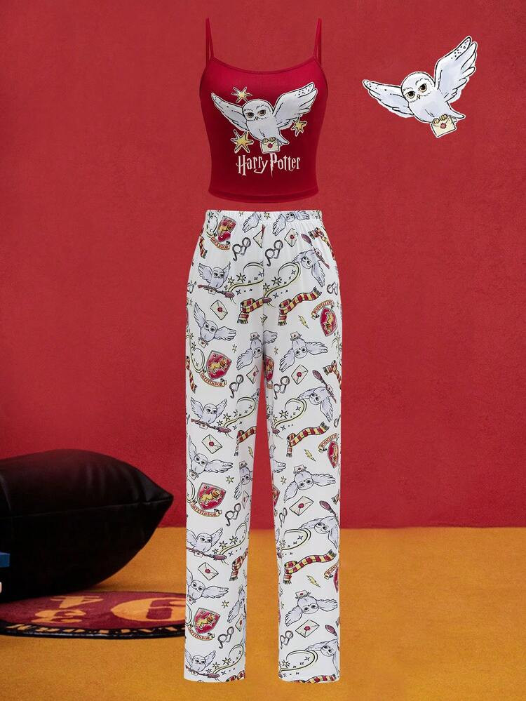 HARRY POTTER X SHEIN Set Pigiama Estivo Da Donna Con Top A Canotta E Pantaloni Con Stampa Gufo, Comodo | SHEIN