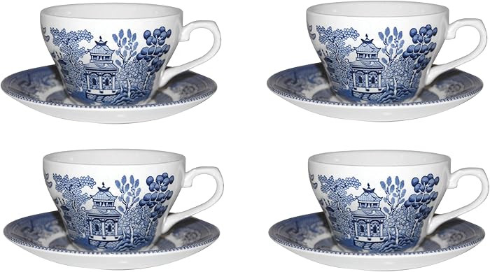 Churchill Blue Wollow 4 Teacup and 4 Saucer Set, Made in England | Amazon (US)