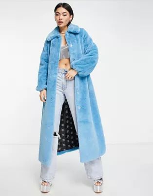 Something New x Emilia Silberg faux fur maxi coat with pointed collar in blue | ASOS | ASOS (Global)