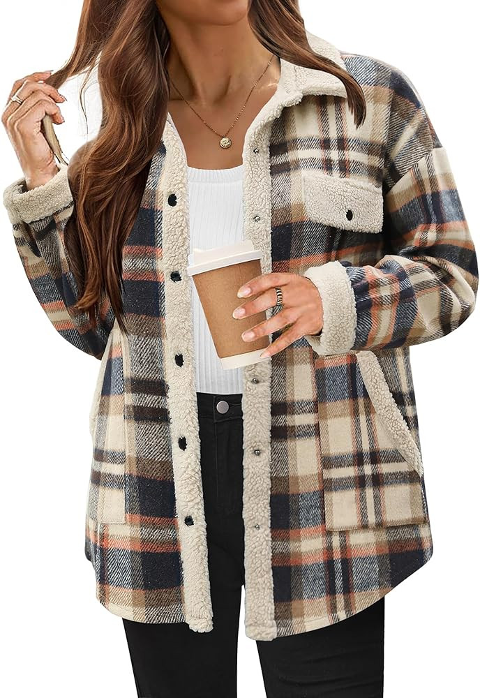 HOTOUCH Flannel Fleece Jackets Womens Sherpa Shackets Plaid Casual Long Sleeve Button Down Collar... | Amazon (US)