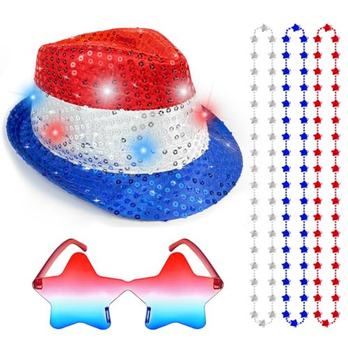 Hikkcos 250 Years Sequin Fedora Hat Red White and Blue Patriotic Outfit Headwear Independence Day 4th of July Parade Costume Halloween Party Adult Accessories | Amazon (US)