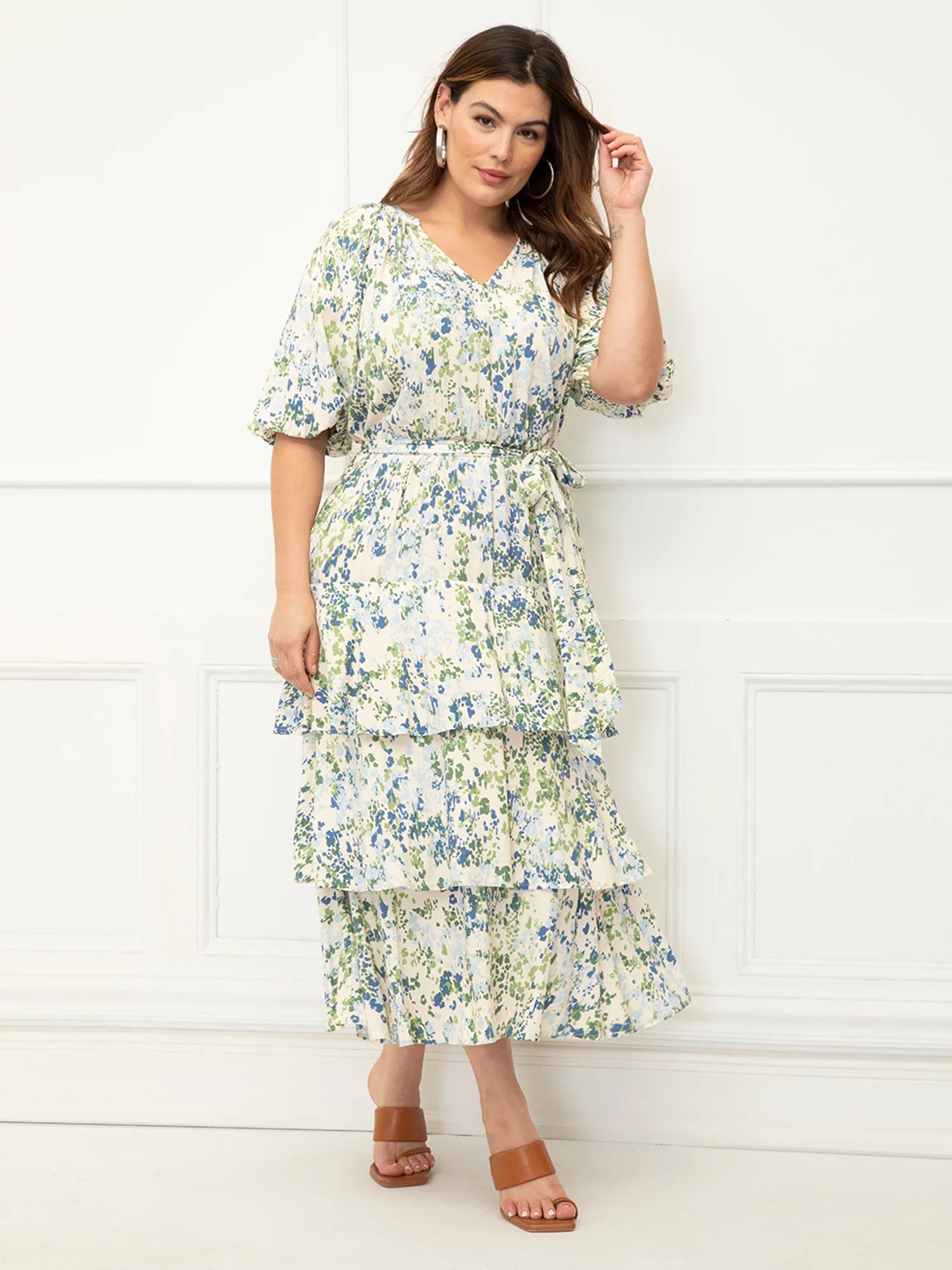 ELOQUII Elements Women's Plus Size Tiered Midi Dress With Tie | Walmart (US)