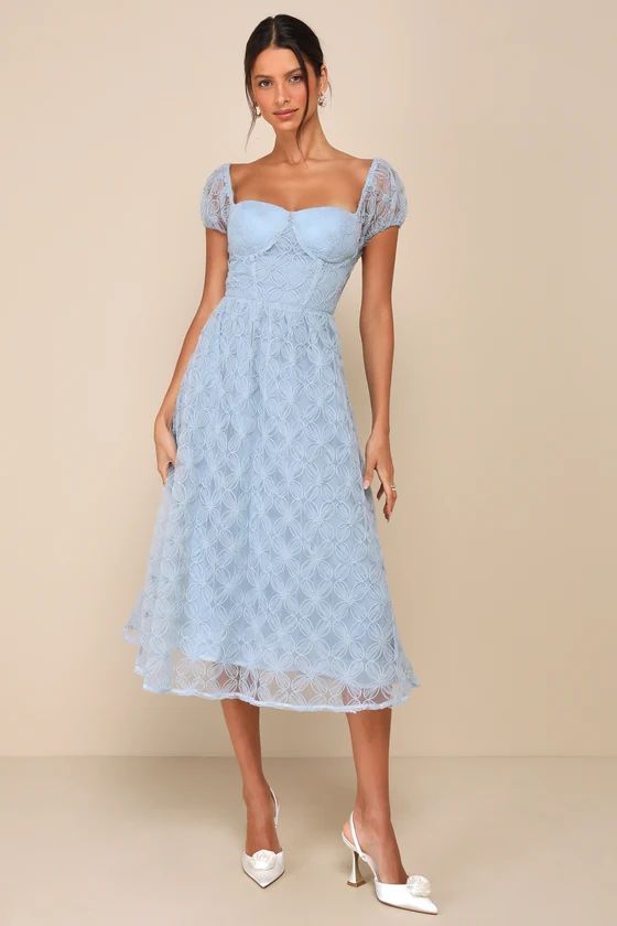 Exceedingly Elegant Blue Floral Applique Bustier Midi Dress | Lulus