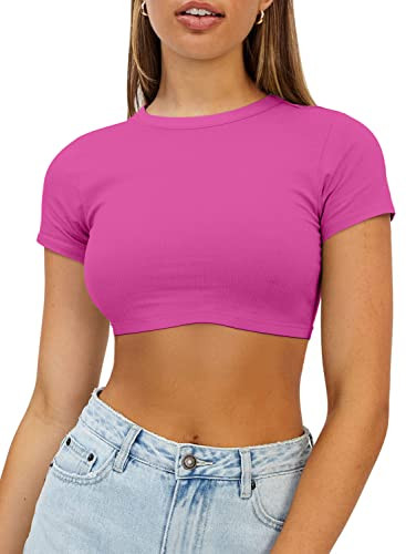 Womens Crop Tops Crewneck Y2K Summer T-Shirt Basic Short Sleeve Fitted Knit Ribbed Casual Blouse ... | Amazon (US)