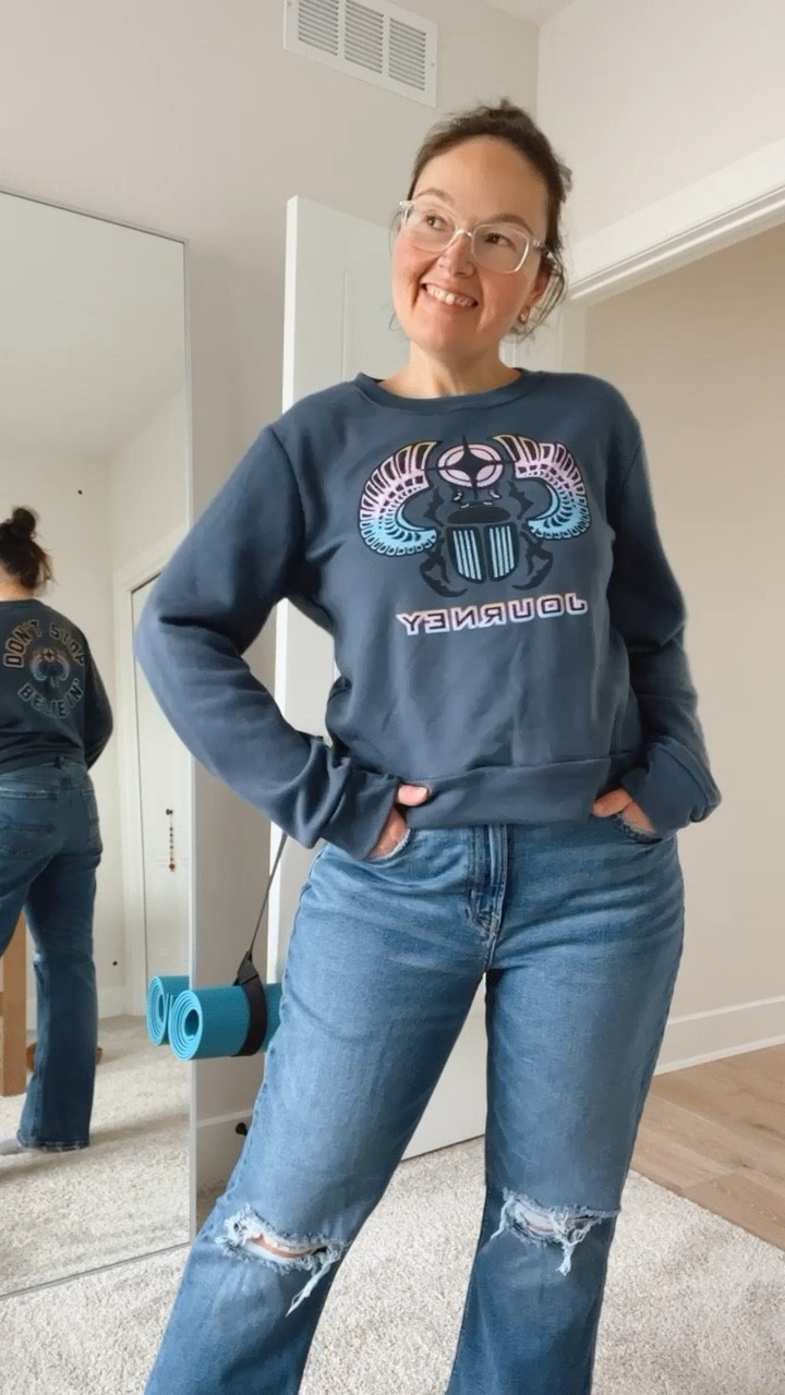 Band tee, sweatshirt, cropped sweatshirt, distressed jeans, ootd 

#LTKcurves #LTKunder50 #LTKfit