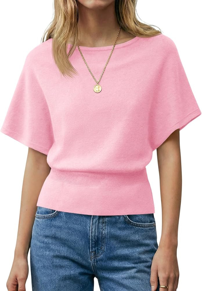 Saodimallsu Womens Boat Neck Summer Tops Batwing Dolman Short Sleeve Trendy Ribbed Knit Cinched W... | Amazon (US)