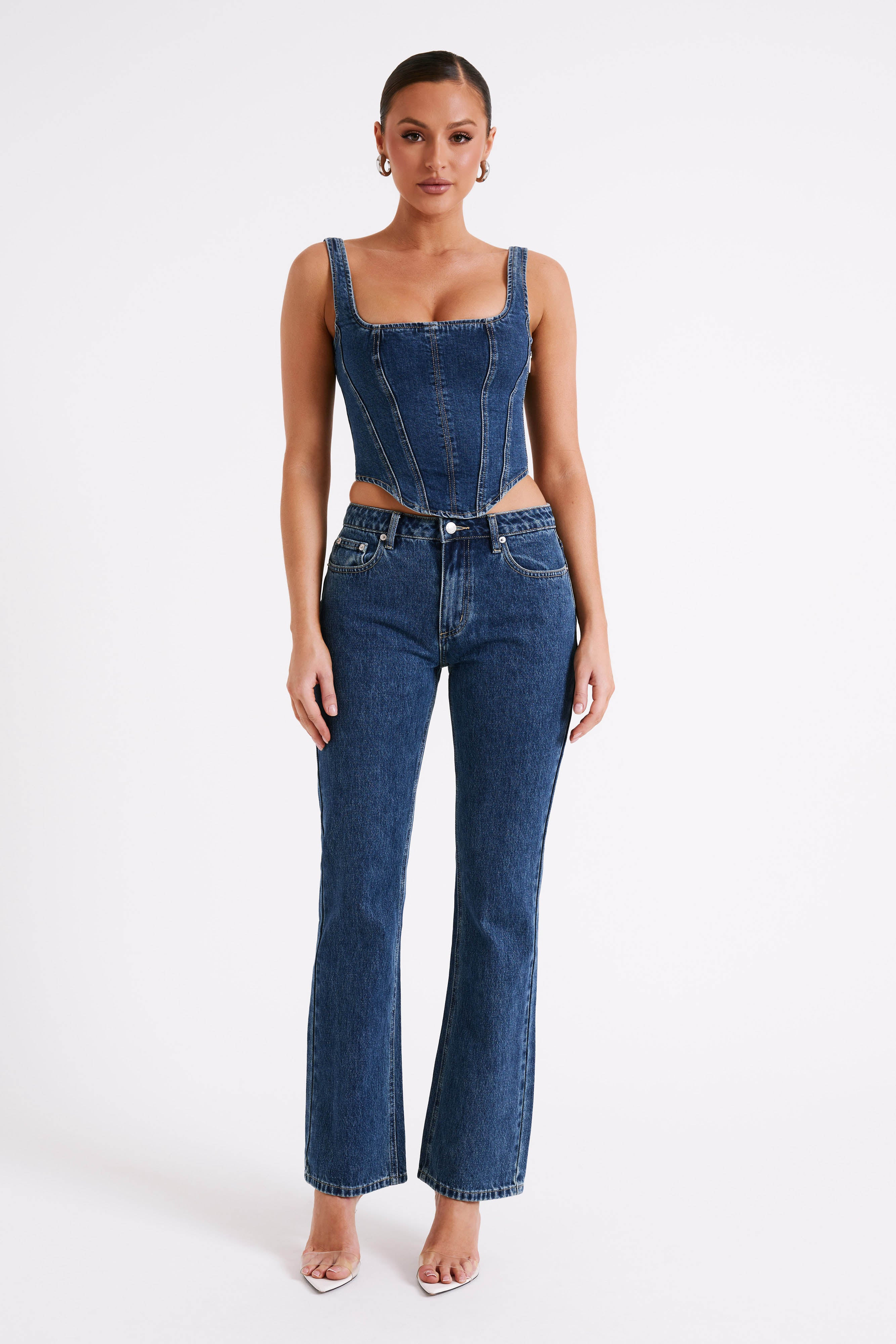 Bianca Denim Lace Up Corset - Dark Blue | MESHKI US