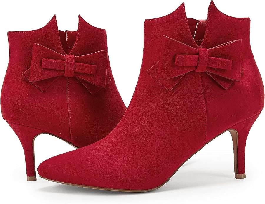 Ermonn Womens Pointed Toe Bow Ankle Boots Faux Suede Stiletto Heels Side Zipper Booties Wedding D... | Amazon (US)