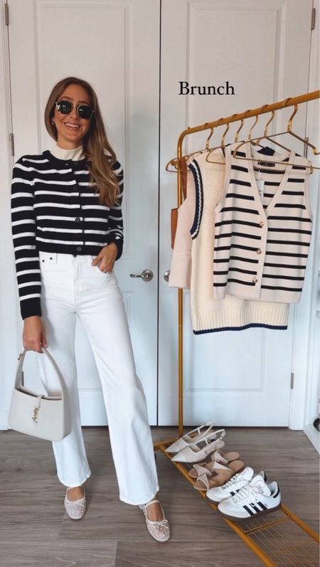 How to style white denim - brunch outfit 
I am wearing a size 27 on pants and size small on tops 
Everything runs tts 
Comfortable, chic and beautiful outfits 
Striped sweater 


#LTKSeasonal #LTKstyletip #LTKU