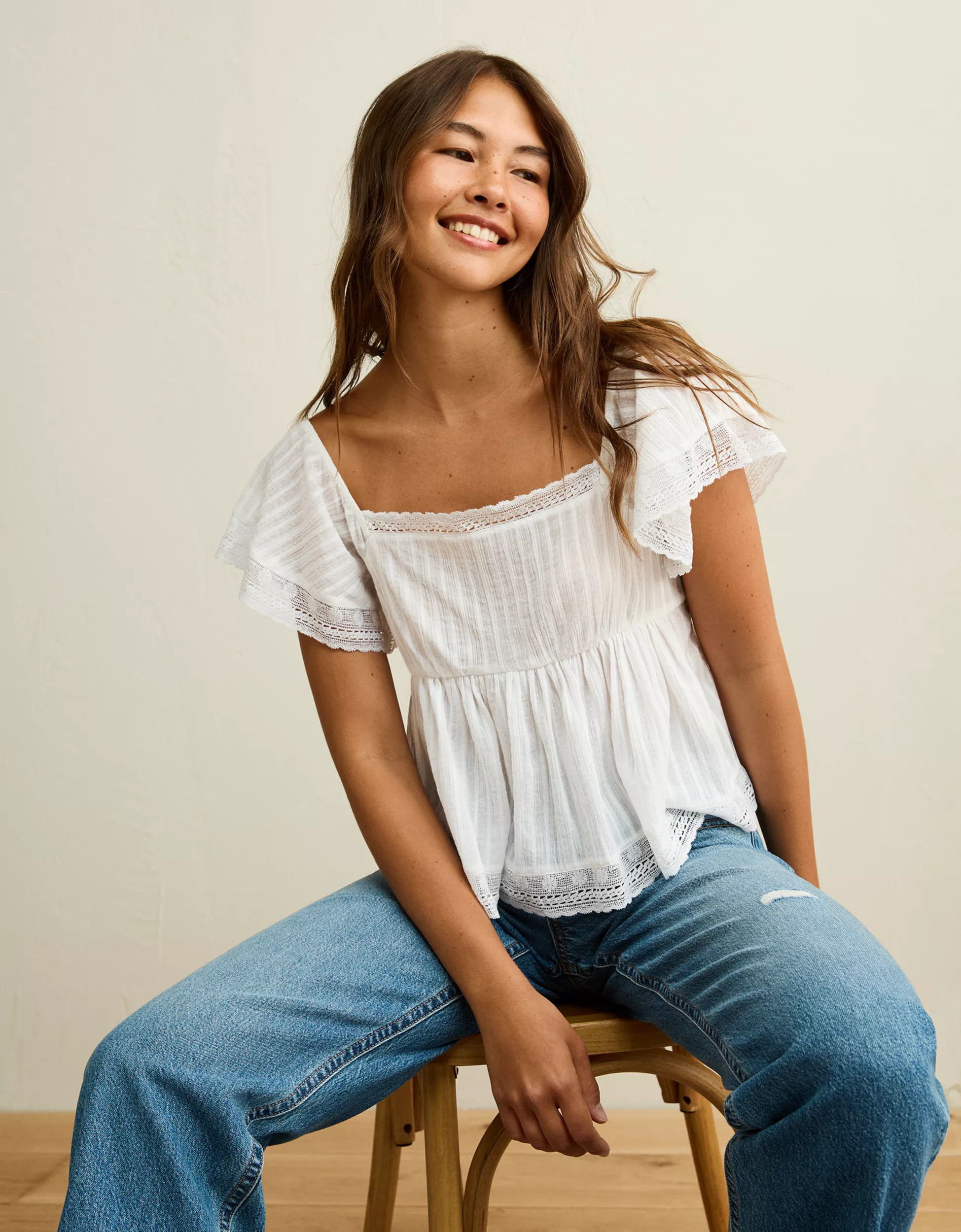 AE Short-Sleeve Lace Trim Blouse | American Eagle Outfitters (US & CA)