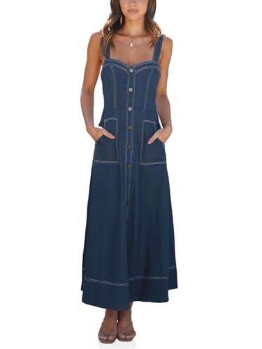 Fisoew Women's Long Denim Dress Sleeveless Adjustable Straps A Line Maxi Dress with Pockets | Amazon (US)