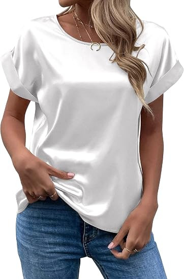 Chigant Women's Short Sleeve Satin Blouses Casual Loose Crewneck Silk Shirts Roll Up Sleeve Tunic... | Amazon (US)
