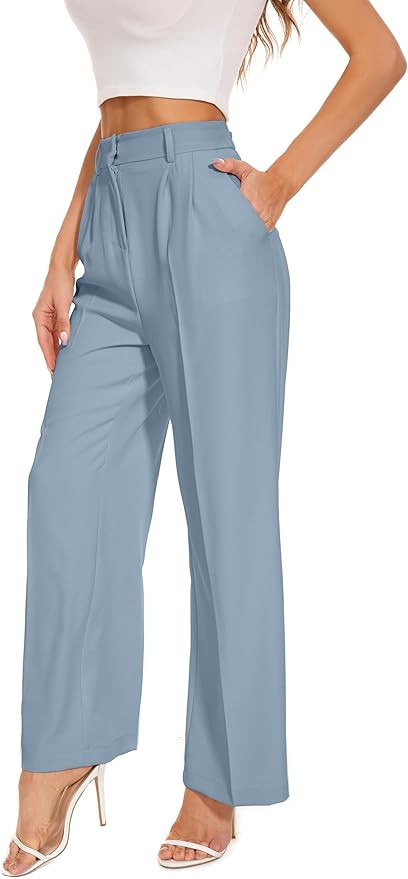 FUNYYZO Wide Leg Pants Women's High Elastic Waisted in The Back Business Work Trousers Long Strai... | Amazon (US)