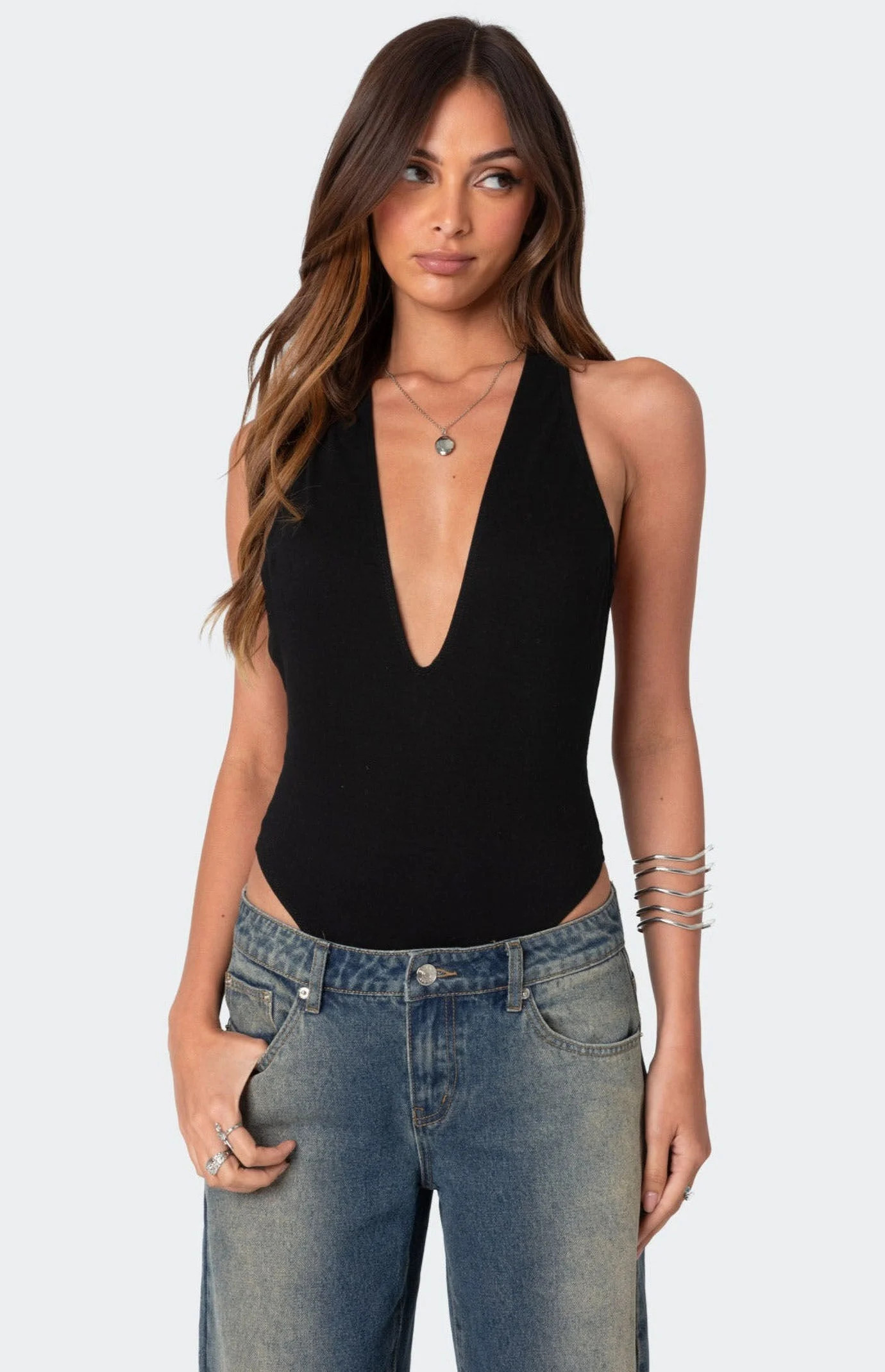 Edikted Women's Deep V Backless Bodysuit in Black - Size Large | PacSun