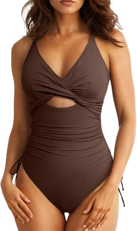 Aleumdr Women's Ribbed One Piece Swimsuit Tummy Control High Cut Bathing Suit Sexy V Neck Criss C... | Amazon (US)