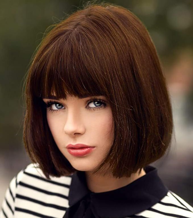 Bopocoko Short Brown Wigs for Women, 12'' Brown Bob Hair Wig with Bangs, Natural Fashion Syntheti... | Amazon (US)