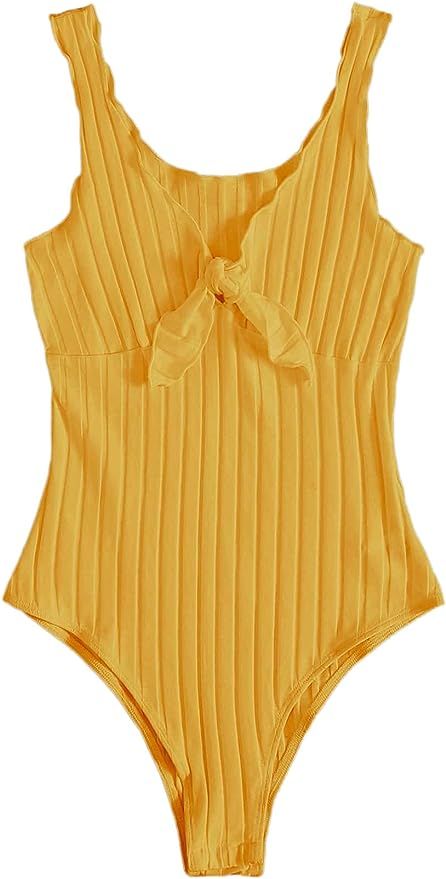MakeMeChic Women's Tie Front Lettuce Trim Sleeveless High Waist Rib Knit Bodysuit | Amazon (US)