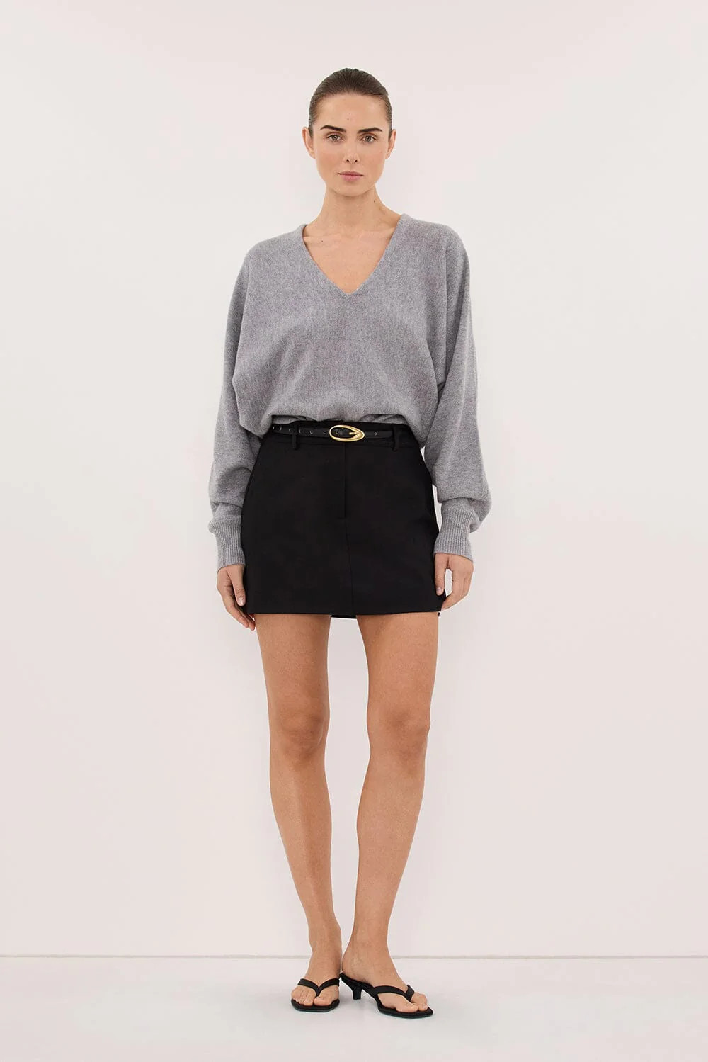 LUMI GREY MARLE V NECK MERINO KNIT JUMPER | DISSH