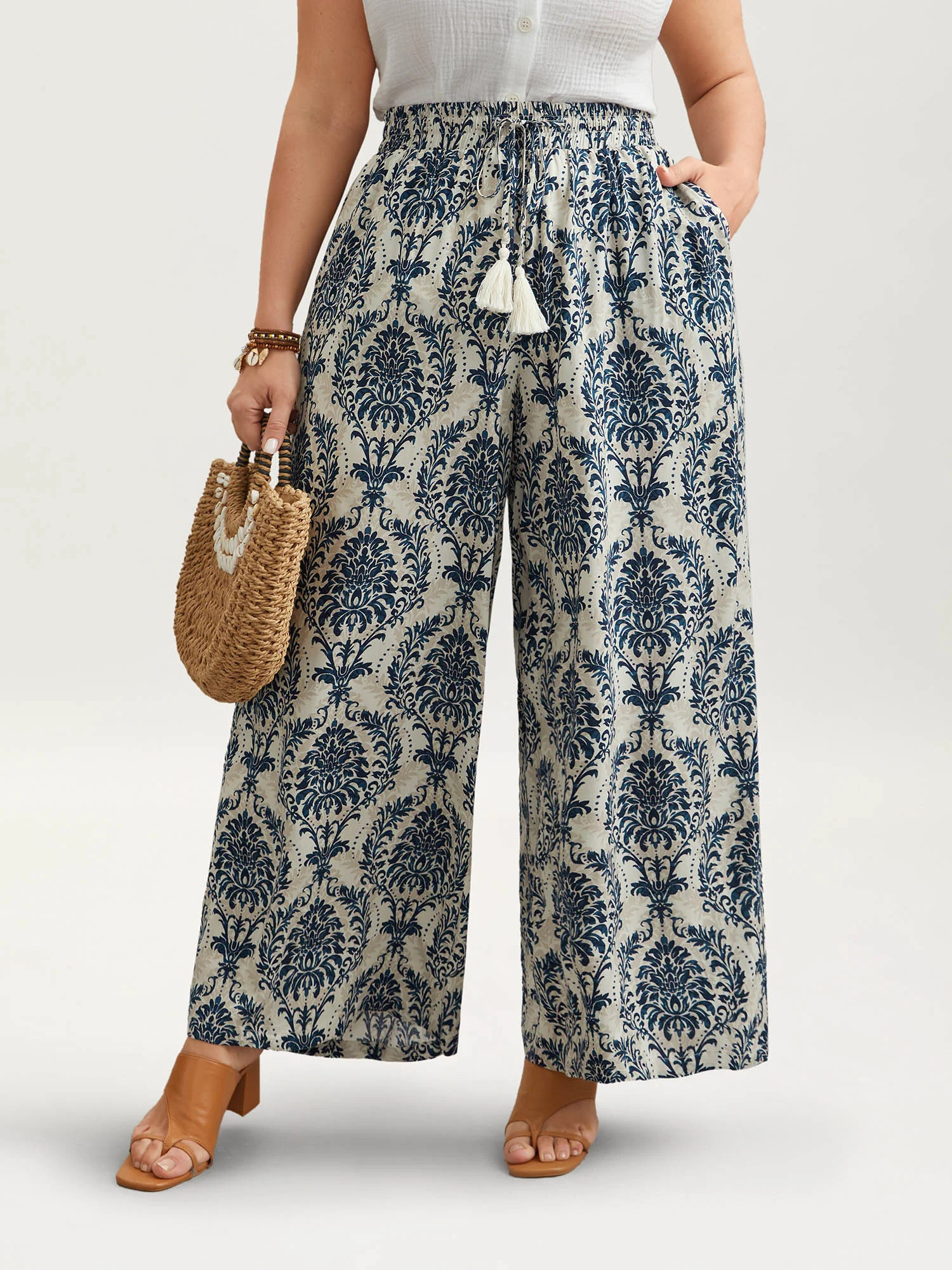 Damask Print Tassel Straight-Leg Pants | Bloomchic