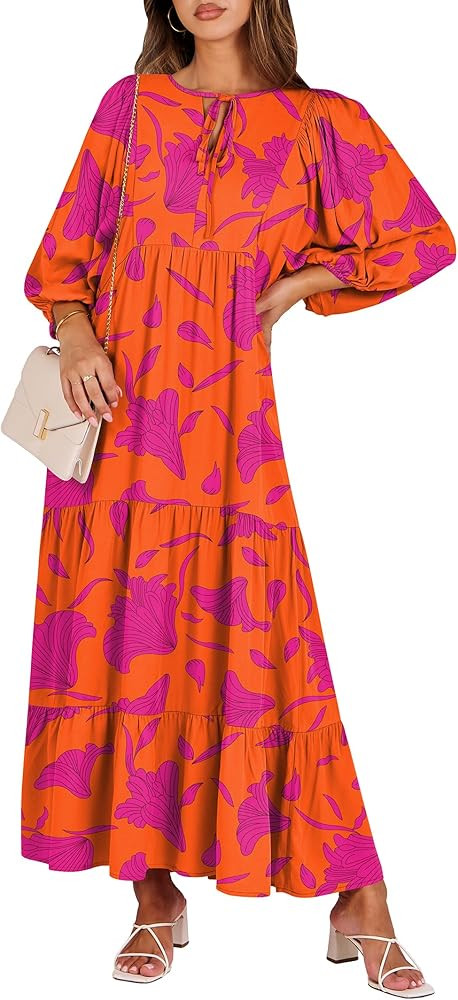 ANRABESS Womens Boho Maxi Dresses 2026 Summer V Neck Puff Sleeve Floral Flowy Swing Fall Casual L... | Amazon (US)