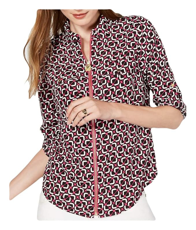Michael Michael Kors Women's Petite Size Foulard-Print Zip-Up Shirt, Deep Fuchsia | Amazon (US)