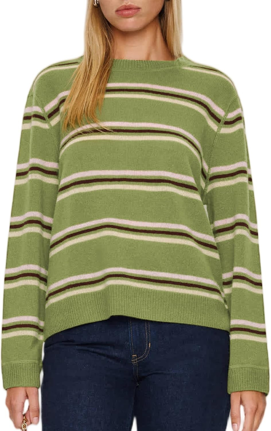 Hixiaohe Womens Casual Striped Sweater Pullover Vintage Crew Neck Long Sleeve Ribbed Knit Tops Comfy Soft Loose Fall Jumper | Amazon (US)