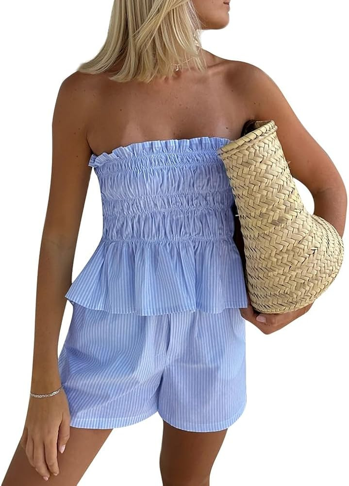 Juakoso Women Summer 2 Piece Outfits Sleeveless Ruched Bandeau Tube Top Striped Print Lounge Boxe... | Amazon (US)