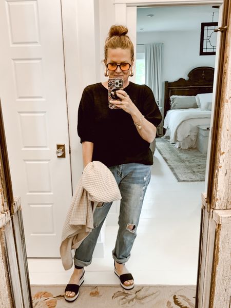 I grabbed this casual outfit on Amazon for a Summer night out. This top is oversized but true to size. The jeans hit just right in the waist and are super stretchy. I love wedge sandals for added height and visual appeal. I also love these retro aviator sunglasses because they aren’t so large that they overtake your whole face. 

#LTKFindsUnder50 #LTKSeasonal #LTKMidsize